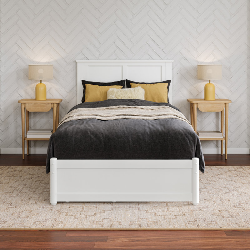 Lit plateforme avec rangement en bois massif Ashante avec pied de lit et tiroirs sous le lit, Simple TG, Blanc