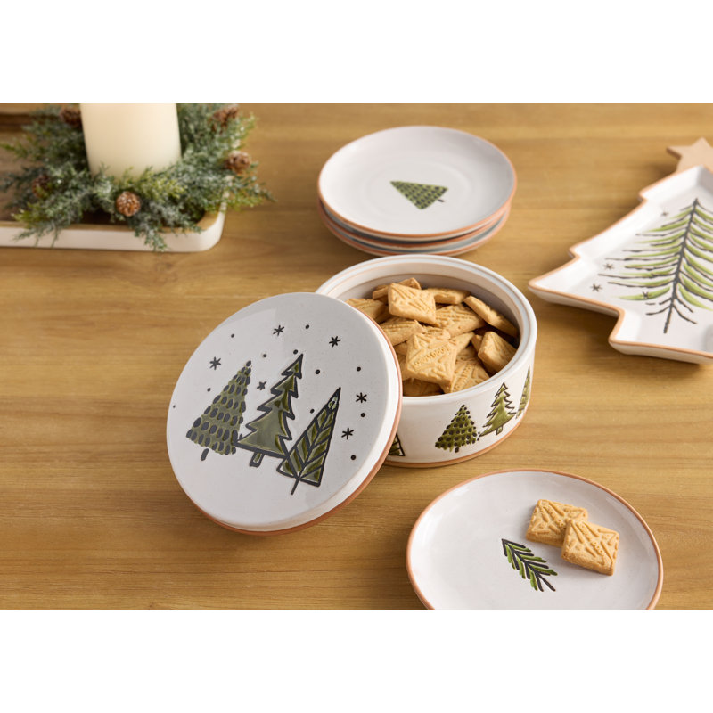 Ceramic Pine Tree Canister with Lid 7.75"D