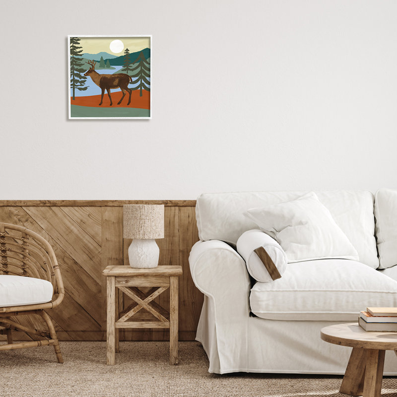 «Lakeside Mountain Peaks Forest Deer Walking» par Victoria Barnes - Peinture, H 17 po x l 17 po x P 1,5 po
