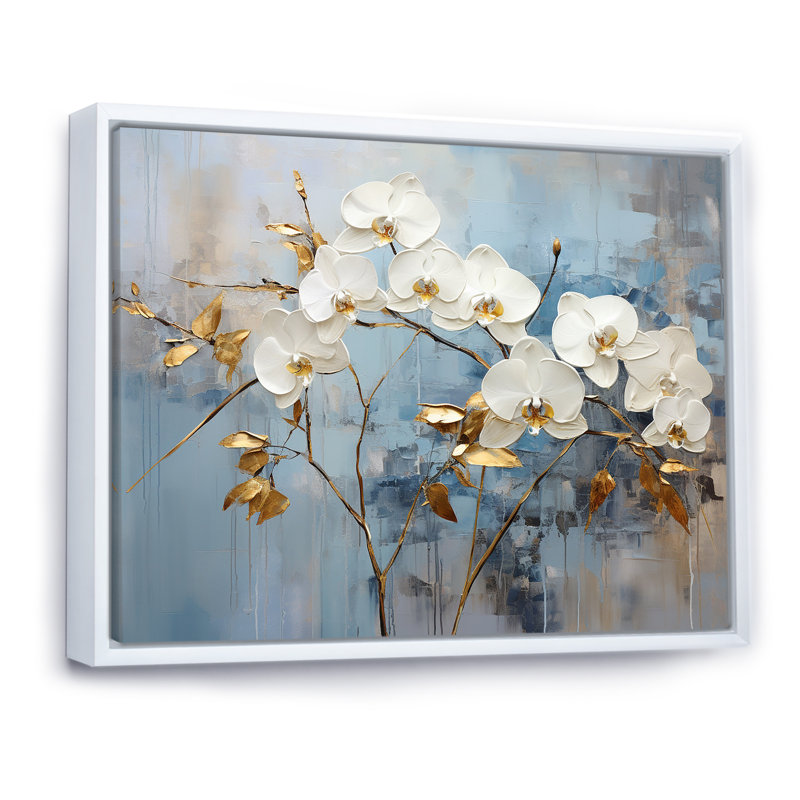 «Blue and Gold Orchid Bloom I», art mural orchidée, Cadre flottant blanc, H 30 po x l 40 po x P 1,5 po