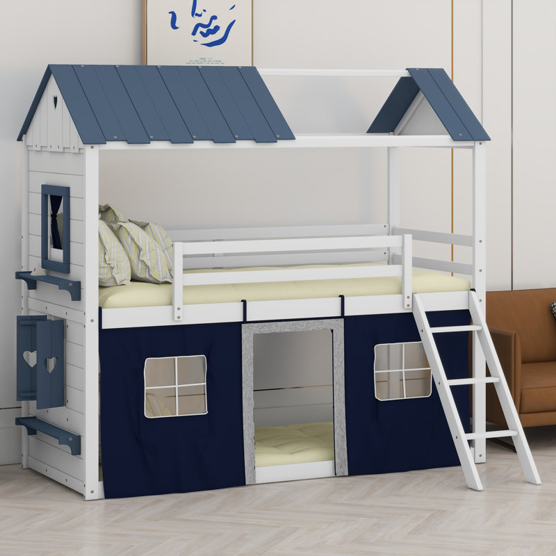 Lit superposé en bois avec fenêtres élégantes, Blanc / Bleu