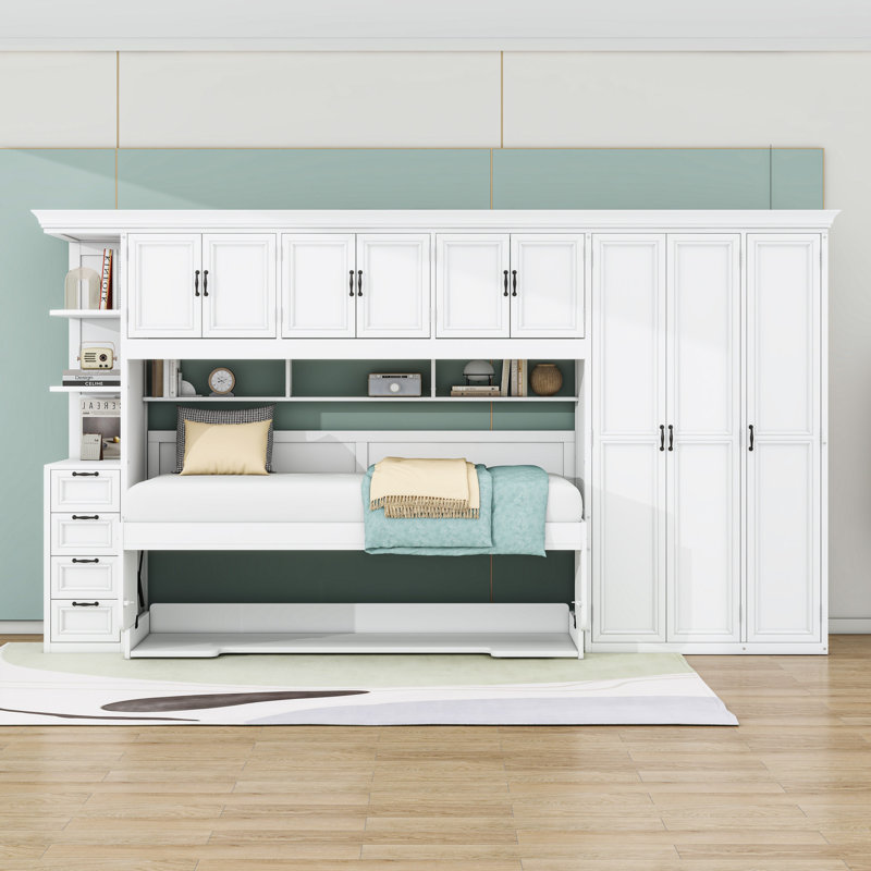 Lit escamotable avec armoire, bureau, armoire et tiroirs de rangement, Blanc