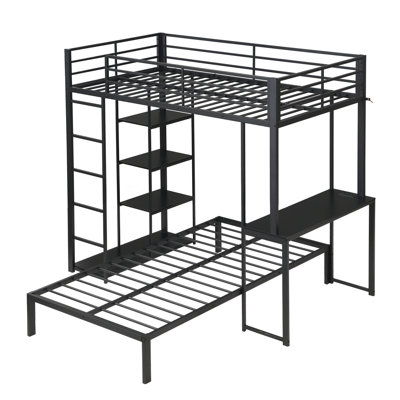 Structure de lit mezzanine en métal avec bandes de rangement latérales à bande lumineuse à DEL avec bureau intégré pour lit dans un dortoir