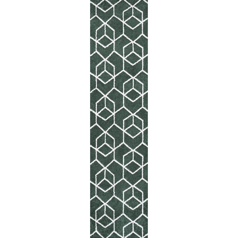 Mashawna Blocks Modern Geometric Green/White Rug, Runner 2' x 8'