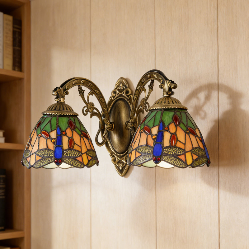 2 - Light Tiffany-Style Wall Sconce Dragonfly Stained Glass Vanity Light