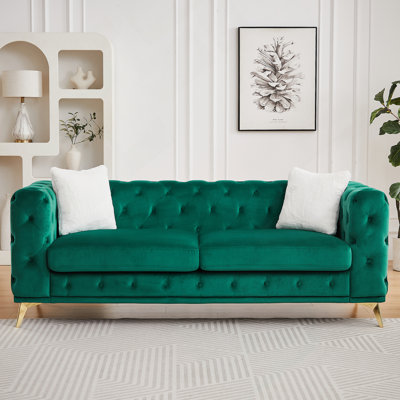 Canapé en velours de luxe de 82,5 pouces avec accents matelassés Chesterfield et pieds en métal, comprenant 2 coussins.