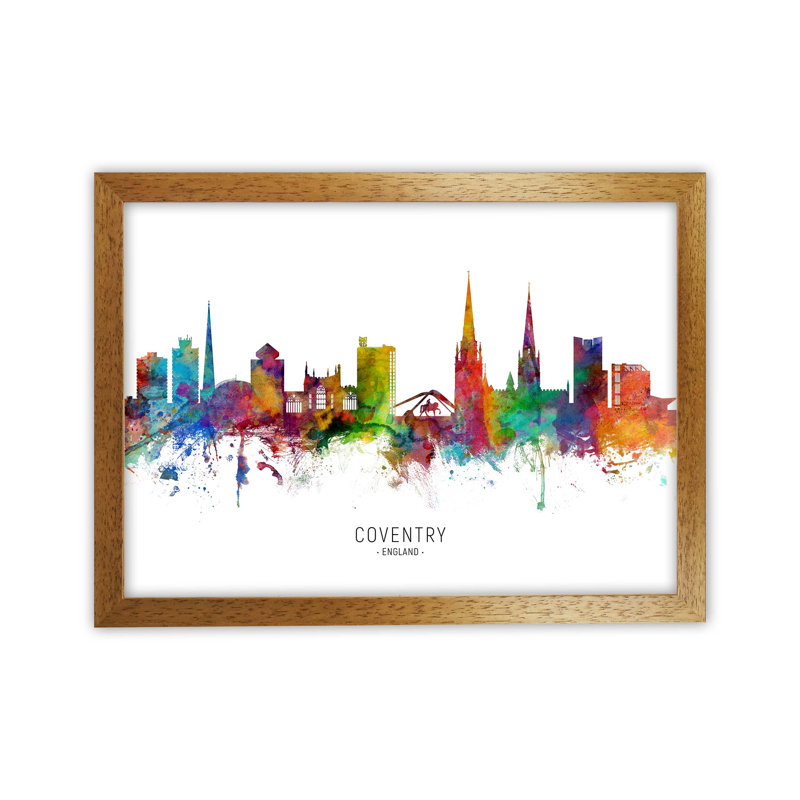 Coventry England Skyline by Michael Tompsett - Print, 25cm H x 34cm W x 3cm D, Brown Framed