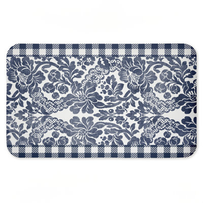 Tapis de sol bleu marine à motif floral Gingham, imprimé par Kim Allen, 30 po x 18 po