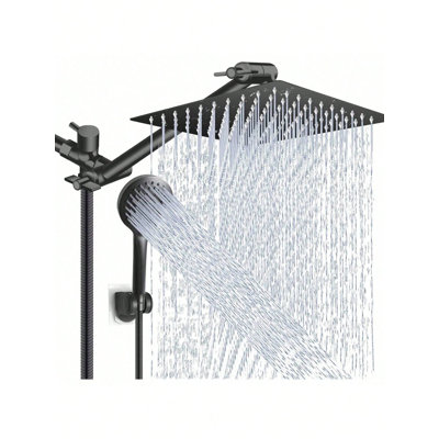 Matte Black Wall-Mounted Shower Head Combo,12" Rain Square Shower Head  With 9 Inch Adjustable Extension Arm And 3 Settings Handheld Spray,150cm Long Hose