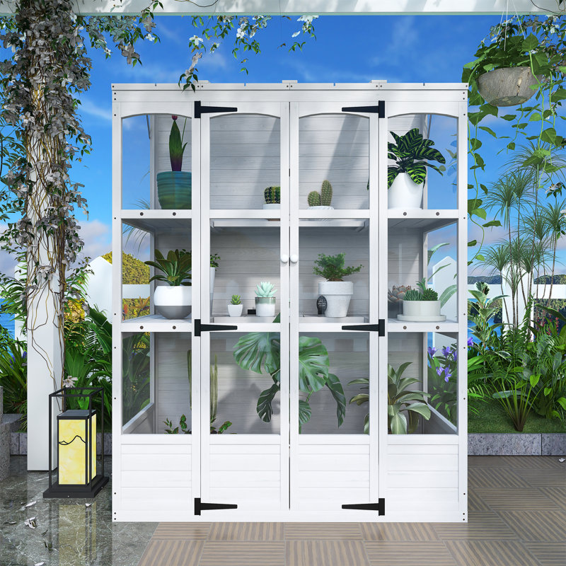 Wooden Greenhouse Cold Frame With 4 Independent Skylights, White