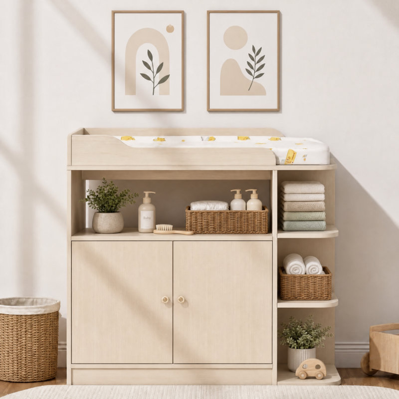 Commode à langer pour bébé, avec grande armoire et 4 tablettes ouvertes, poste à langer multifonctionnel, Natural Wood