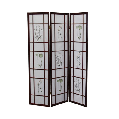 70" Tall 3-Panel Shoji Room Divider Screen with Floral Print, Cherry Finish Wood