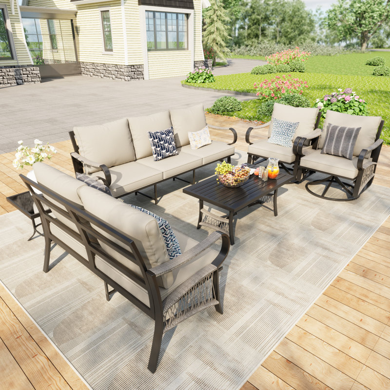 7 - Person Outdoor Metal Sectional Seating Group With Coffee Table And Swivel Chairs, All Weather Conversation Set With Khaki Cushions