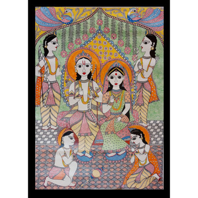 Shree Ram Darbar Framed Madhubani Acrylic Painting on Handmade Paper by Lalita Ray - 30"H x 22"W Indian Folk Art Spiritual Wall Decor