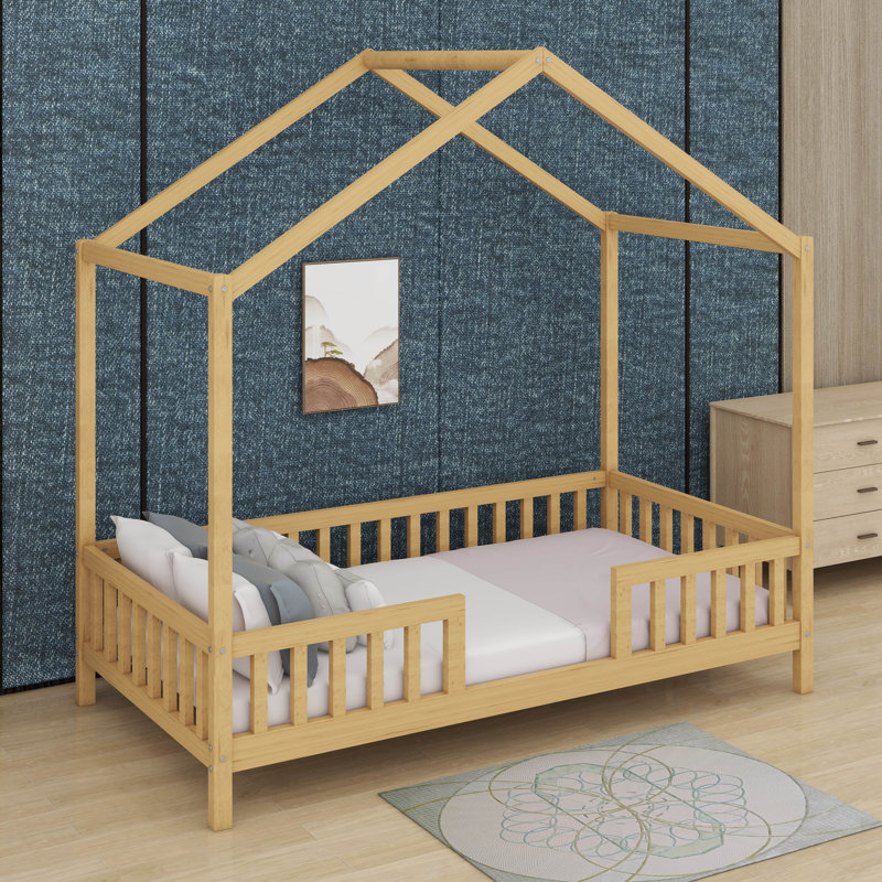 Twin Bed Frame With High Railings, Natural, Twin