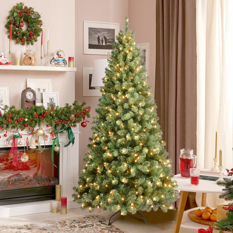 Arbre de Noël pré-éclairé, arbre de Noël artificiel haut de gamme avec lumières et branches en PVC, arbre de Noël à charnières pré-éclairé avec base en métal pour les fêtes, les fêtes et la décoration intérieure