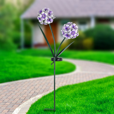 Exhart Solar Double Hydrangea Metal Garden Stake with Thirty-Four LED lights, 7 by 29 Inches