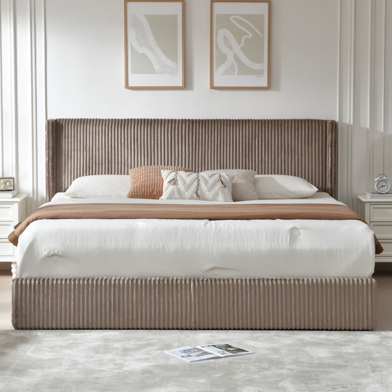 Upholstered Wingback Bed With 4 Storage Drawers, King, Brown