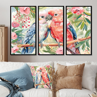 «Pink Green Parrot Love Birds II», ensemble de reproductions d'art mural