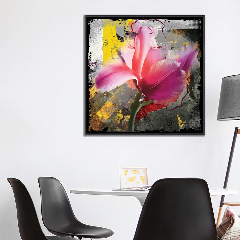 Tulipe rose - reproduction d'art murale - toile encadrée, 37" x 37", Framed Canvas, Distressed Black