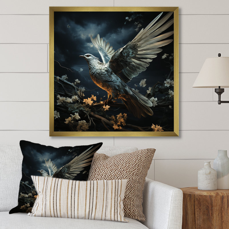 Bleu et blanc Dove Take Off Harmony - art mural colombe, Encadrement doré, H 16 po x l 16 po x P 1 po