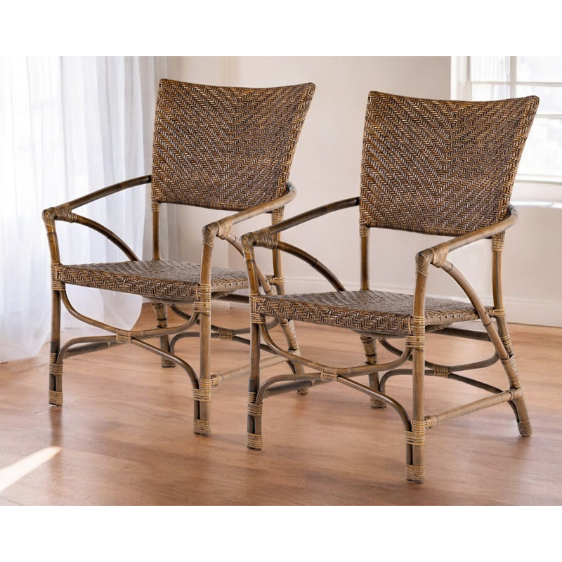 Set of Two Natural Rattan Open Back Dining Arm Chairs