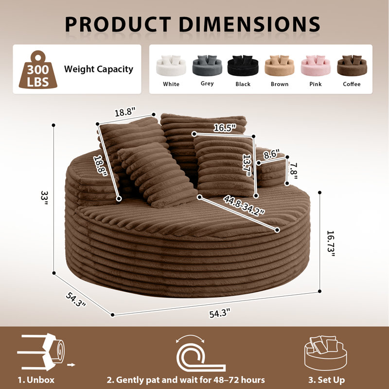Chaise longue 54,5 po en velours côtelé brun sans assemblage, Brun