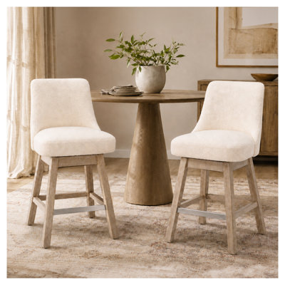 360° Swivel Counter Height Bar Stools Set of 2, 26" Seat Height, Boucle Fabric Upholstery with Solid Wood Legs, Modern Mid-Century Design for Kitchen Island, Beige
