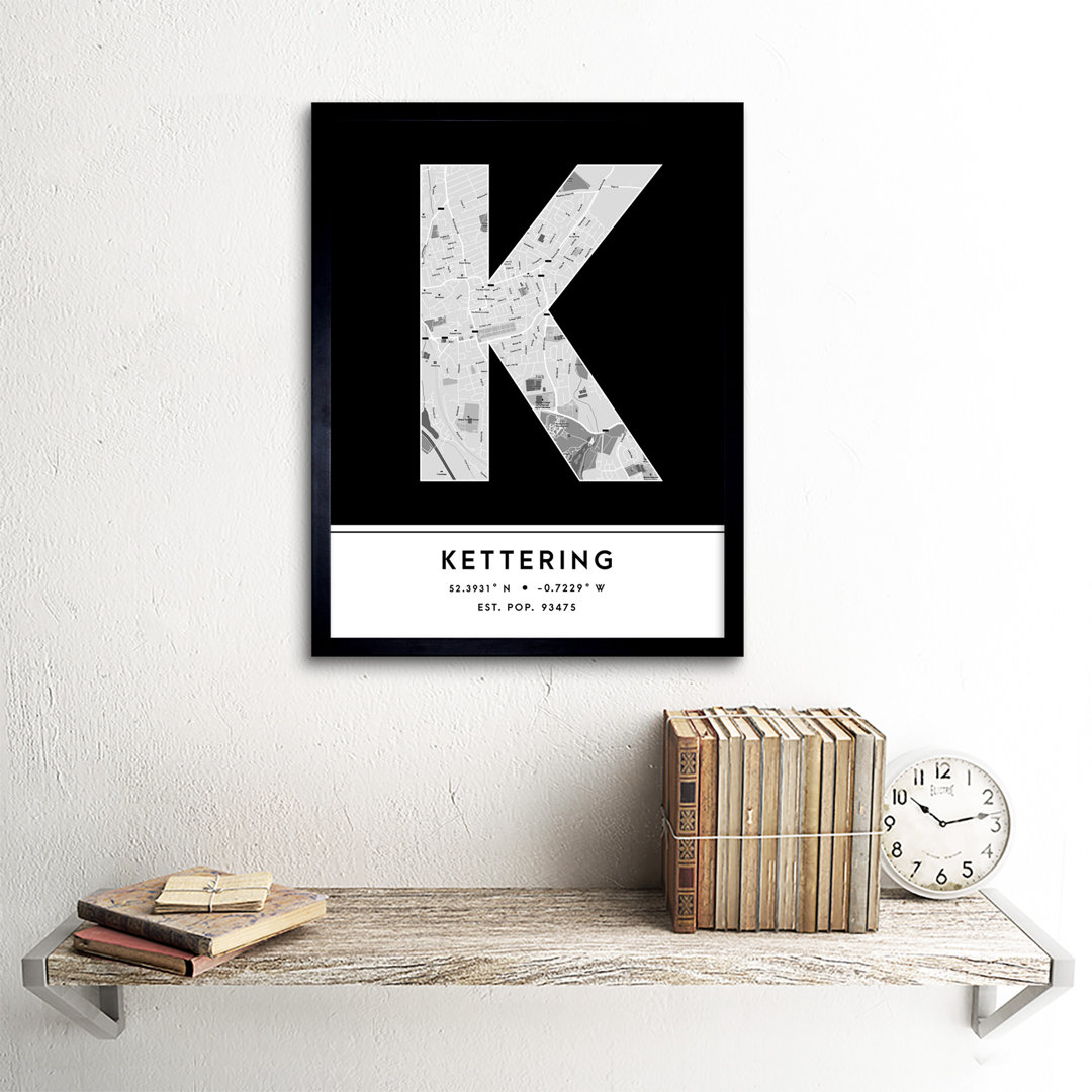 Kettering City Map Kettering Black & White by Wee Blue Coo - Single Picture Frame Typography