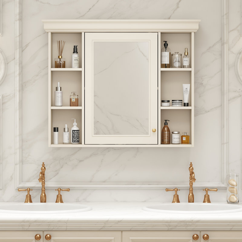 Armoire de rangement murale avec porte miroir et armoire à pharmacie avec 6 tablettes ouvertes, Beige / Crème