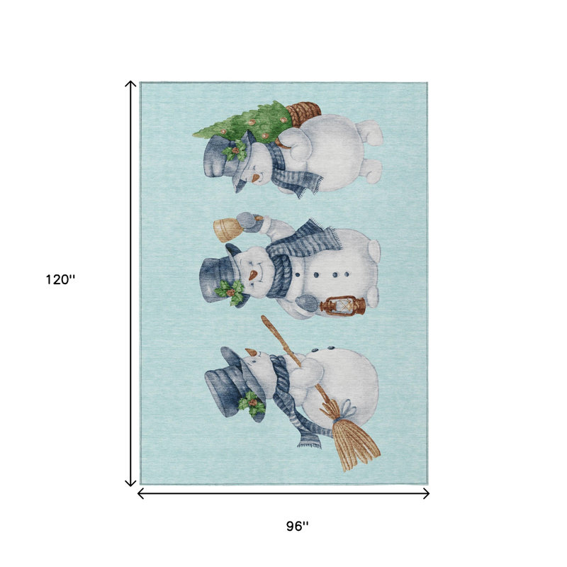 Tapis intérieur lavable 8 pi x 10 pi bleu ciel et ivoire bonhommes de neige