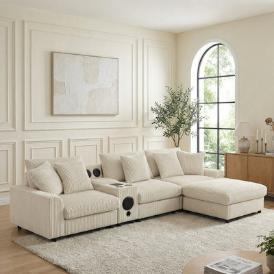 4 Seat Couch With Cupholder Console,USB Charger And Movable Ottoman
