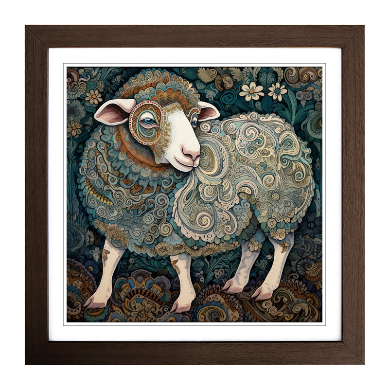 Sheep Paisley - Single Picture Frame Print on Wood, Walnut