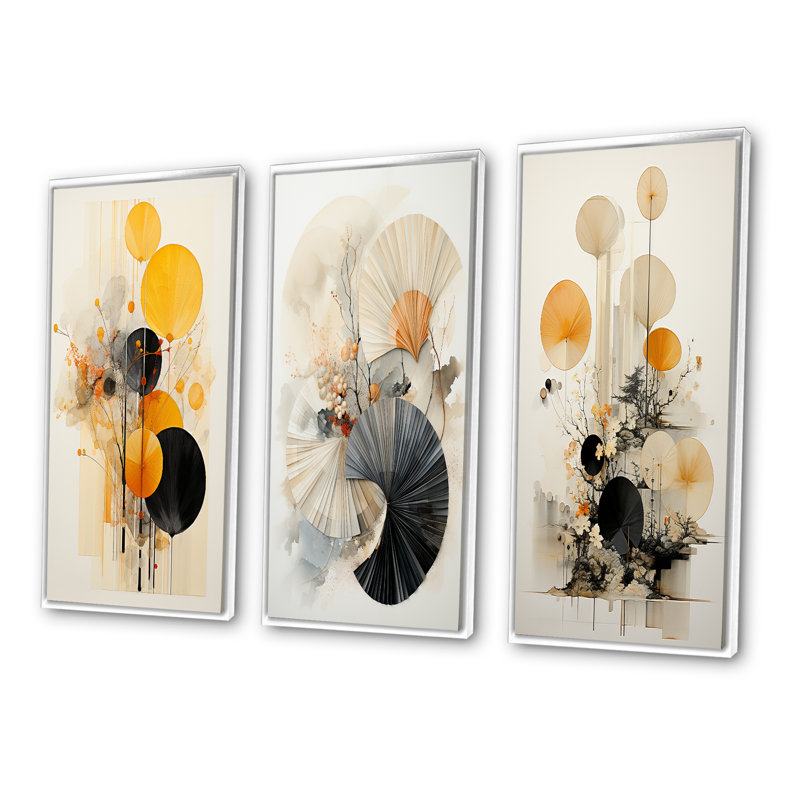 «Asian Art Seashell Sumi», 3 pièces sur toile, Cadre blanc, H 40 po x l 60 po