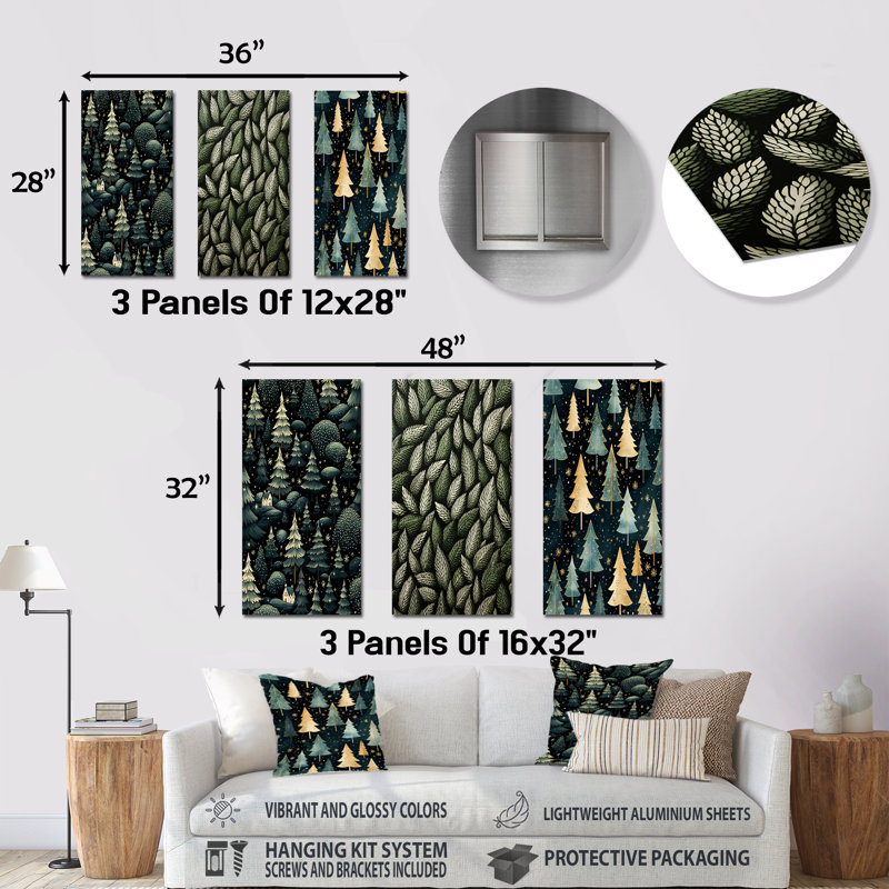Christmas Pine Tree Pattern I - Tree Pine Metal Wall Art Prints Set Of 3, 28" H x 36" W