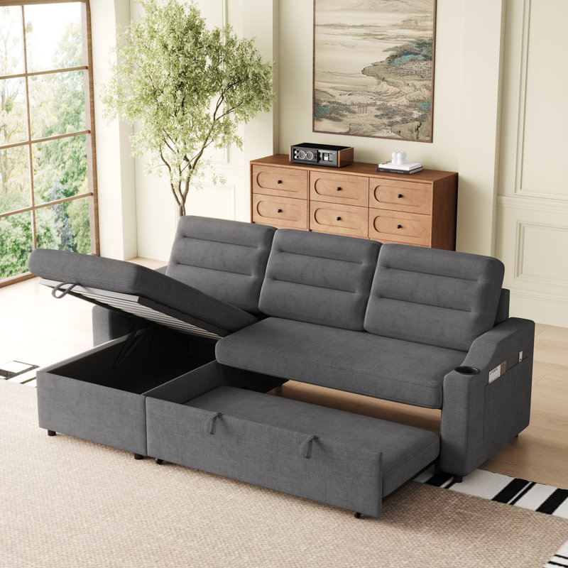 Canapé-lit convertible avec méridienne réversible Sylvanis, Tissu gris foncé