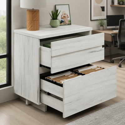 Classeur latéral spacieux avec grands tiroirs, blanc cassé et gris, parfait pour les espaces de travail organisés et les décors modernes.