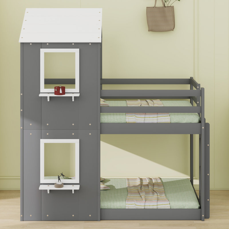 Lit superposé en bois avec toit, fenêtre, garde-corps et échelle, Gris