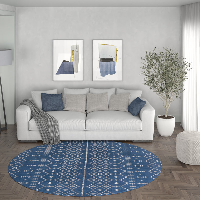 Tapis bleu foncé Modern Farmhouse, Rond 7 pi 10 po