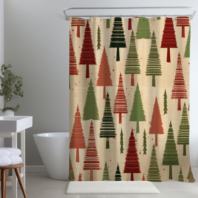Christmas Tree Pattern Red – Home Decor Gift – Polyester Shower Curtain, Dye Sublimation Print, 71" W × 74" L