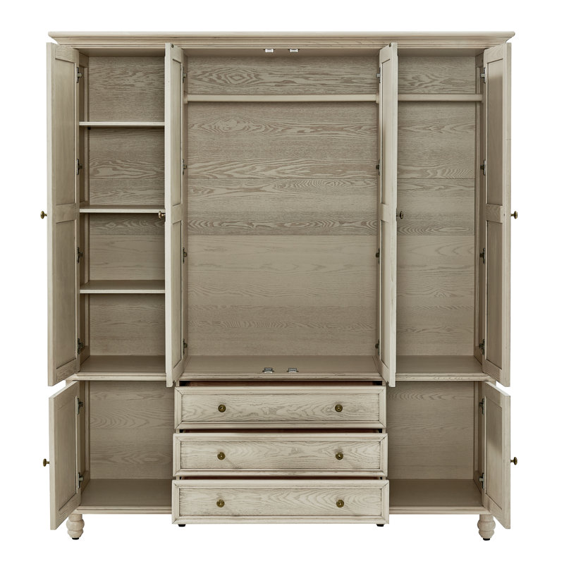Armoire Clashyee en bois massif de 200 cm de hauteur, avec 3 tiroirs et fermeture amortie, luxueuse armoire à 4 portes pour chambre à coucher, finition blanchie.