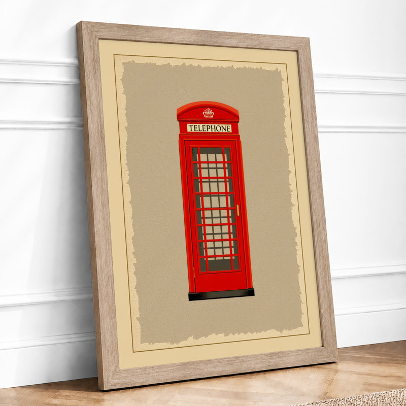 Red Telephone Box Graphic - Framed Print, A2 - 59.4 x 42.0 cm, Oak