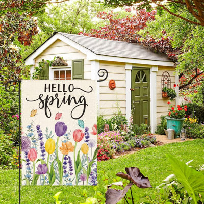Hello Spring Tulip Lavender Garden Flag 12 X 18 Inch Double Sided, Seasonal Flower Yard Outdoor Flag
