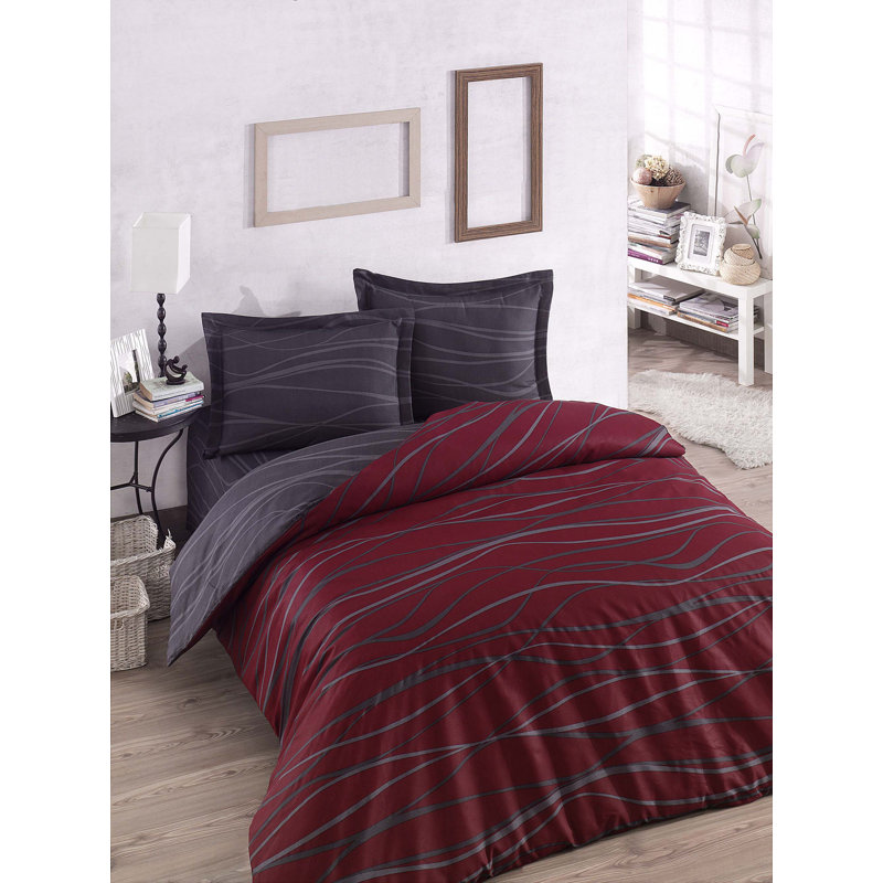 Ensemble de housse de courtepointe très grand, rouge bordeaux et anthracite | 65% coton / 35% polyester, 120 fils | Comprend 2 taies d'oreiller (19,7 po x 31,5 po) | Lavable à la machine, conception élégante pour chambre luxueuse