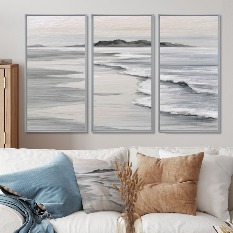 Ocean Shore Line In Mexico - Beach Wall Art, ensemble de salon, Argent argent, Reproduction avec cadre flottant