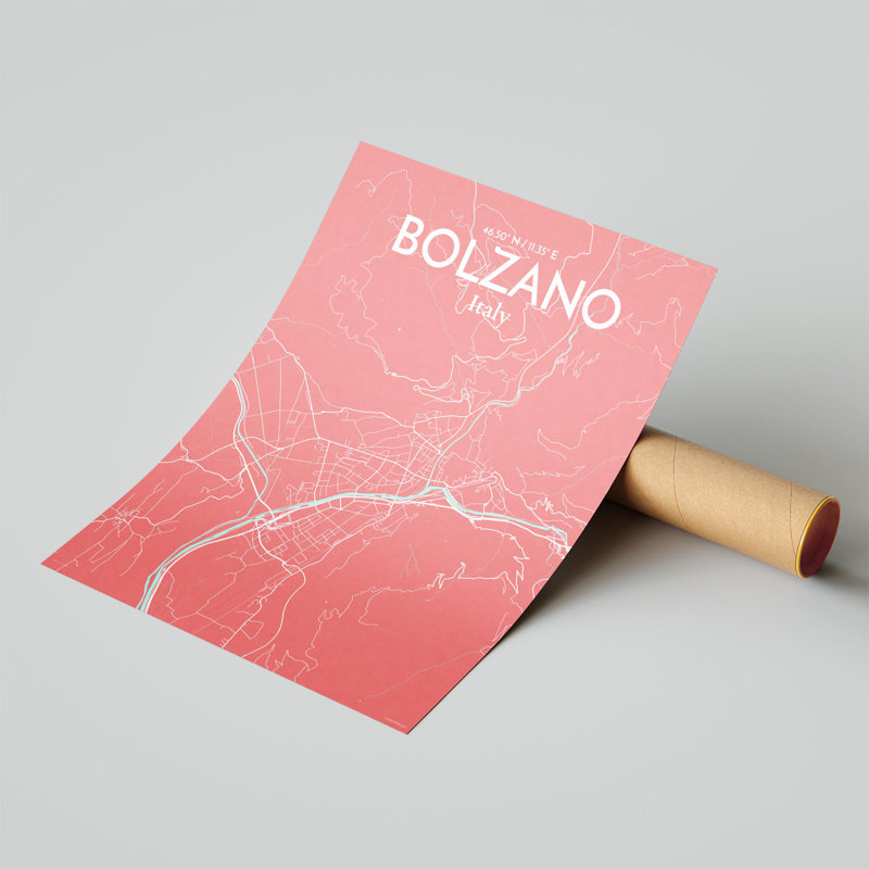 «Bolzano City Map», impression, H 20 po x l 16 po x P 0,05 po, Rose / bleu pastel