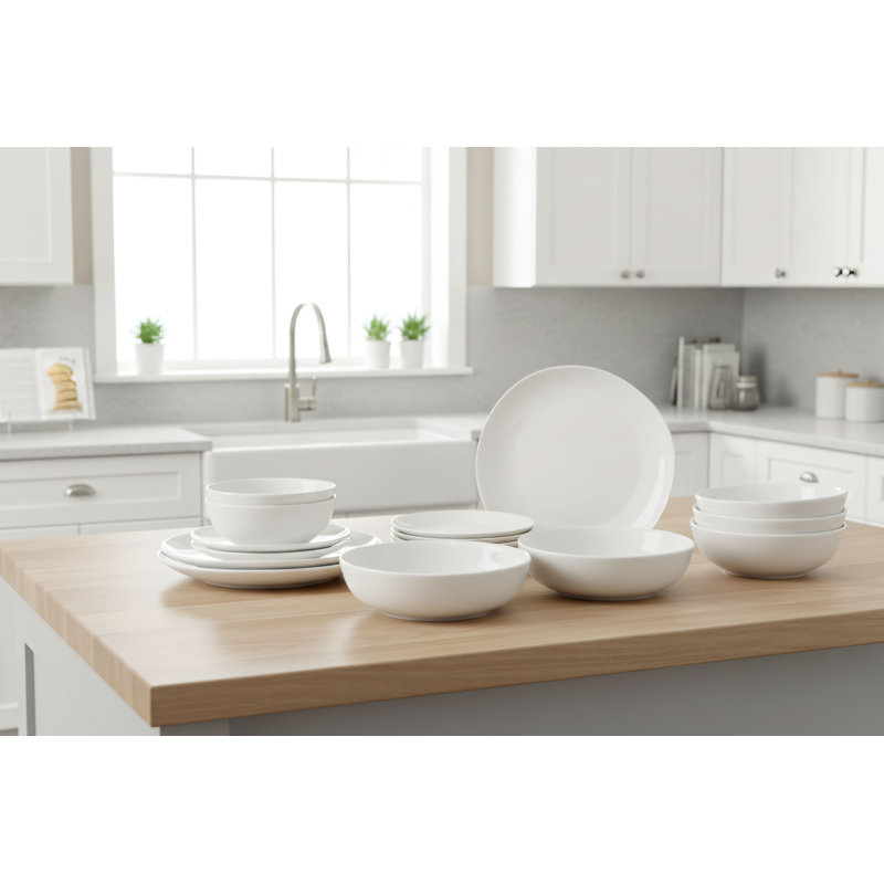 Service de table en porcelaine blanche 16 pièces, résistant aux égratignures et durable, pouvant accueillir 4 personnes.