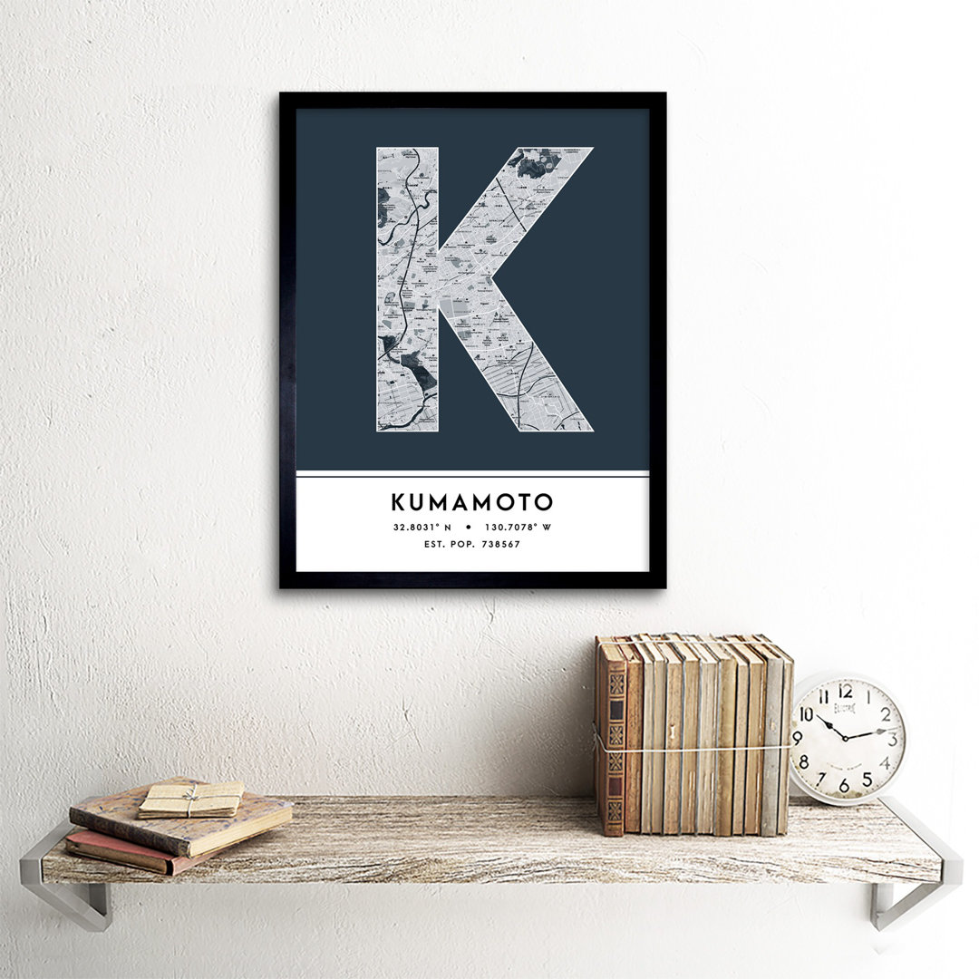 Kumamoto City Map Kumamoto Navy - Single Picture Frame Typography