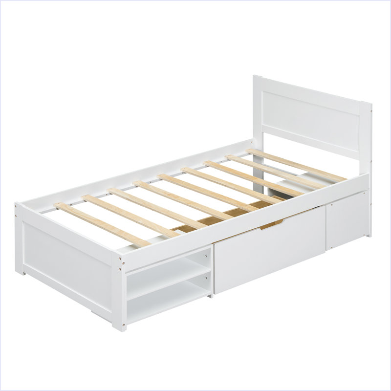Lit plateforme simple avec tiroir et deux tablettes, Blanc