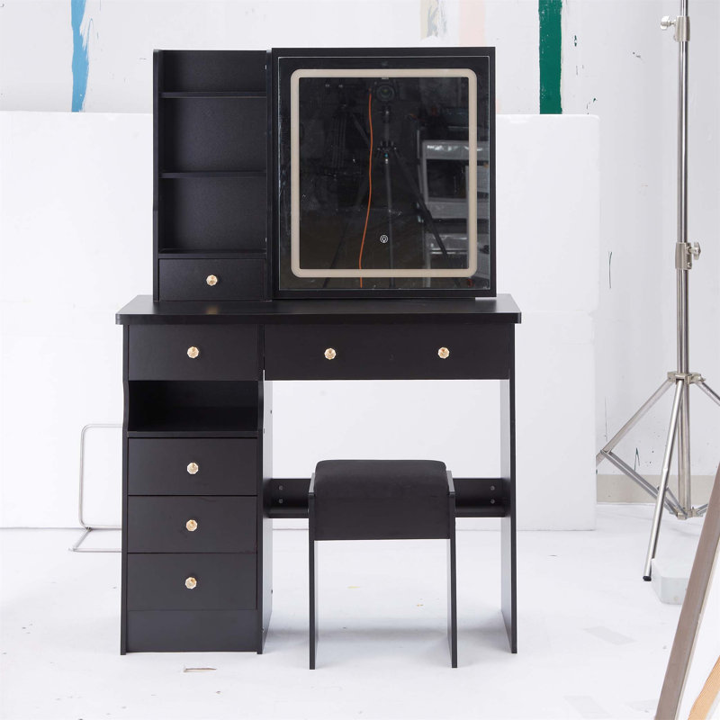 37-Inch Vanity Table With Sliding LED Mirror, Built-In AC/USB Sockets, And Cushioned Stool For Makeup And Storage, Black